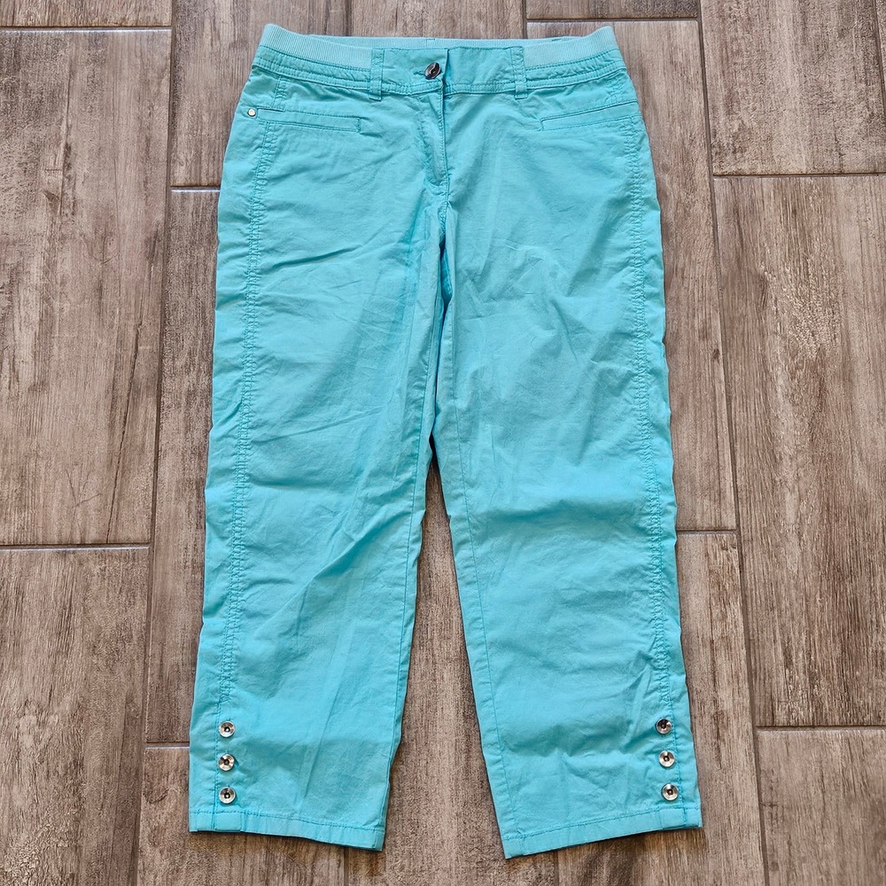 Chico's Cropped Pants Women 00 US XS/2 Turquoise Blue‎ Cotton Stretch Button Hem